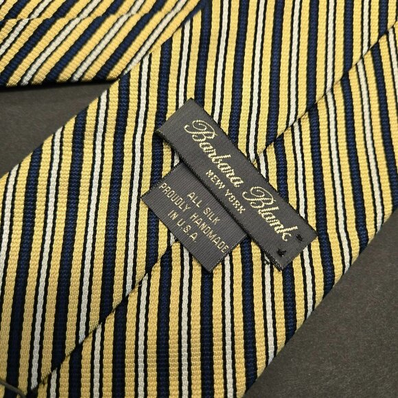 Barbara Blank Yellow Blue Striped Silk Tie 64" Handmade In USA Mens Necktie - Picture 6 of 7